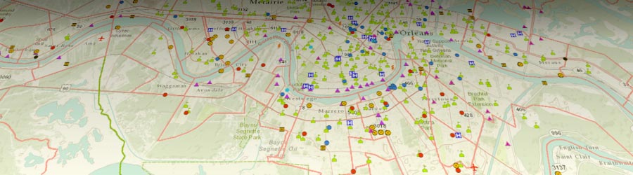 Gps Gov Survey Mapping Applications - gis map of new orleans with various points of interest marked with icons